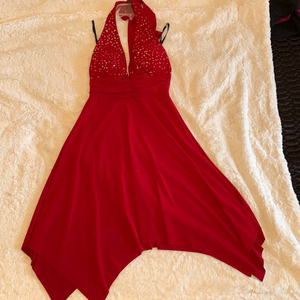 ❤️ RED Halter Top DRESS ❤️ | size SMALL| Sequence detail |  MIDI DRESS |